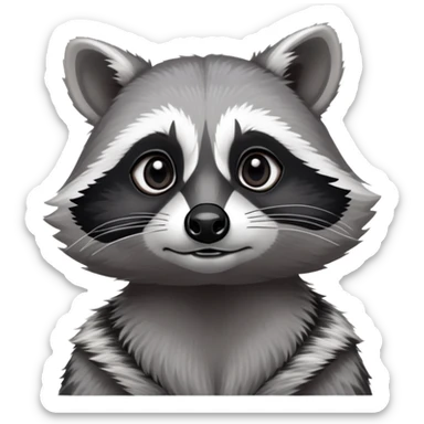 Cinematic-Noble-Raccoon-Portrait-Emoji – Poised and confident, with a sturdy build and a beautifully textured fur of silver-grey accented by dark black facial markings, deep-set, large big black eyes revealing no white, simplified yet sharp and sophisticated zoom out to show shoulders sticker
