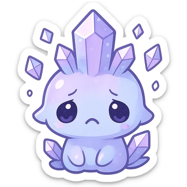 chibi kawaii crystal sprite creature, pastel purple and blue, sad face, surrounded by small floating crystals, very cute sticker