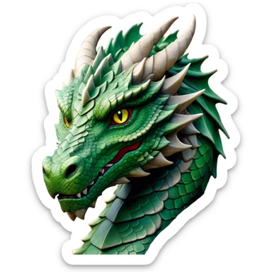 Cinematic Noble Giant Green scaled Dragon Portrait Emoji, Poised and awe-inspiring, with a massive, rugged form carved from ancient stone, featuring intricately textured scales that resemble weathered granite and basalt, and piercing, stony eyes echoing the strength of timeless mountains; rendered with lifelike detail and earthy natural highlights, high shine, formidable and grounded, styled with an aura of primordial majesty, focused and resolute, soft glowing outline, capturing the essence of an enduring rock titan ready to surge from the screen with ageless power! sticker