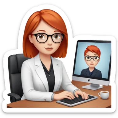 “Red-haired therapist on a video call, sitting in a calm home office, looking at the webcam, client visible on screen, professional yet warm atmosphere, realistic style.” sticker