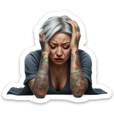 Hyper Realistic Beautiful tattooed woman crying sadly on the floor  sticker