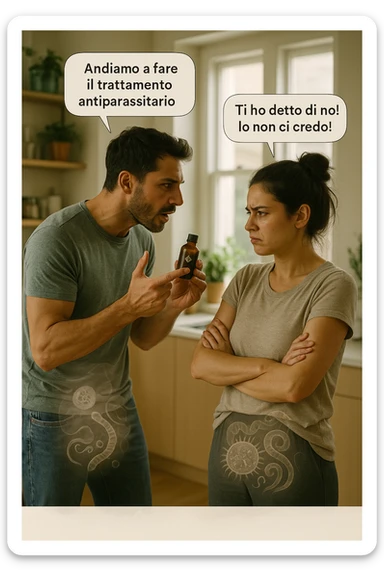 A highly realistic, cinematic photo of a young couple in their early 30s having an argument in a bright modern kitchen. The man, athletic build, wearing a casual T-shirt and jeans, is speaking firmly with a raised hand holding a small amber glass bottle labeled with a subtle herbal symbol, saying 'Andiamo a fare il trattamento antiparassitario' with a determined expression. The woman, with long dark hair tied in a messy bun, casual home outfit, crosses her arms with an angry, defensive expression, replying 'Ti ho detto di no! Io non ci credo!' while slightly turning away. Tension is visible in their body language, with the man leaning forward trying to explain and the woman leaning back, her eyebrows furrowed. Around them, subtle ghostly overlays of microscopic parasites are faintly visible near their abdominal areas, symbolizing the hidden reason for the argument. The kitchen is bright and modern with plants and natural light, contrasting the emotional tension. The style is hyperrealistic with warm tones and shallow depth of field focusing on their facial expressions, illustrating the conflict between belief in natural treatments and skepticism within the couple regarding hidden parasitic infections. in italiano sticker