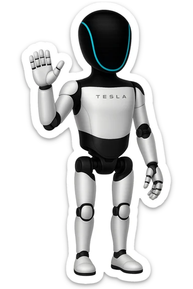 Create a fullbody Tesla robot emoji with the exact head from the reference image in the style of Apple emojis. The robot should be waving its hand. The style should replicate the apple emoji style with smooth, colorful, and detailed features. sticker
