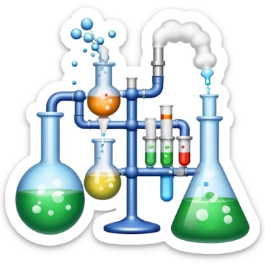 An icon featuring chemical flasks with tubes, representing hydrolysis, along with liquids, powders, and chemical formulas. The design includes molecules and reaction symbols, symbolizing the study of chemical processes and compounds. Transparent background highlights the science of reactions. sticker
