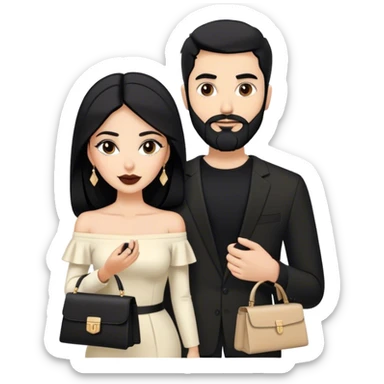 the Lebanese white skinned man with black hair and beard dressed in all black, and the Palestinian woman in an elegant off-shoulder cream-colored outfit with a matching handbag. sticker