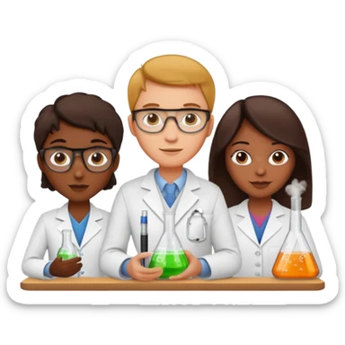Three chemist: one organic chemist, one inorganic chemist and one theoretical chemist – each one with a typical item for their field of study (and not an erlenemeyer flask) sticker