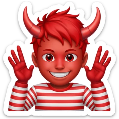 smiling boy in striped shirt with red face and devil horns sticker