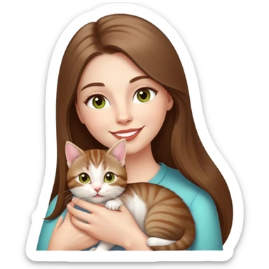 White Woman with VERY long straight brown hair, rosy lips and cheeks, big chartreuse eyes, cute happy big smile holding a white and brown tabby kitten sticker