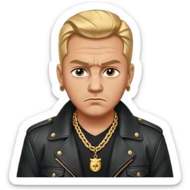 Russian 1990s gangster emoji, leather jacket, gold chain, serious face, cartoon style sticker