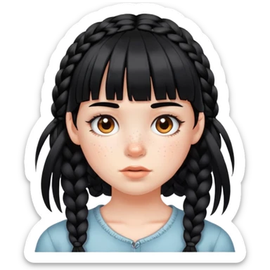 A girl with white skin and black hair and bangs with some braids face full of freckles sticker