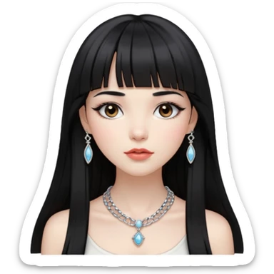 pale pretty girl with long black hair with straight bangs slightly above the brows and a hime cut after her chin, dark brown eyes, blushed lips and cheeks, long lashes, a silver necklace and  bracelets, with a classic timeless luxury style sticker