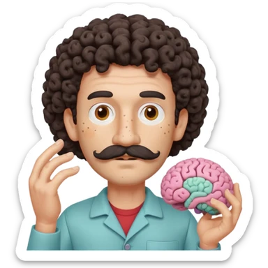 Enhance the claymation man holding a brain by adding more depth and dimension to the image. Make him more attractive and quirky, inspired by the first version, with dark curly hair, thick mustache, light skin, freckles, more movement, claymation style, visible fingerprints, and pastel colors. sticker