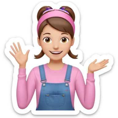 preschool teacher with brown hair pulled up in high ponytail and light pink thin width headband. Has a pink t-shirt with denim overalls. enthusiastic expression with big smile sticker