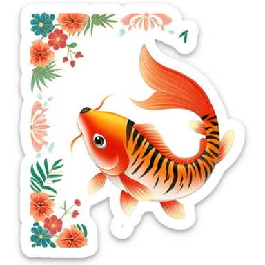 Exotic Tropical Floral Swirl-Patterned Tribal Pretty Asian ornate painted Japanese aesthetic beautiful shiny pretty glossy smooth elegant Koi-Fish-Kitsune-Yokai-animal-creature with tiger stripes on it sticker