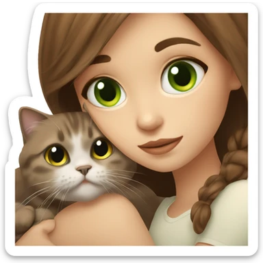 Beautiful girl with brown hair and brown eyes hug Scottish fold cat with green eyes  sticker