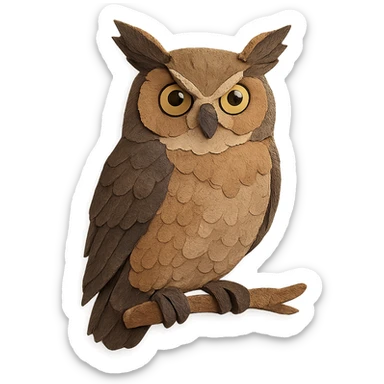 great horned owl on a branch, layered paper details, expressive yellow eyes, prominent ear tufts, brown and gray plumage, naturalistic pose sticker