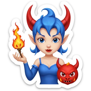 Female devil Cute blue imp holding fireball,  cute face, half body sticker