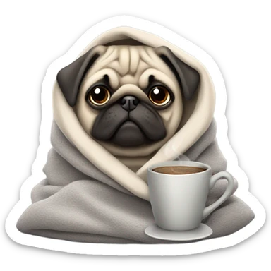dog pug in a gray blanket with a cup of coffee sticker