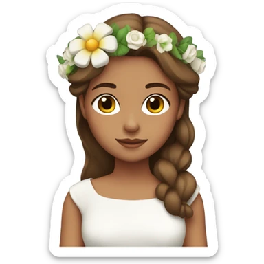 A girl with brown hair and taned skin wearing a white dress with flowers crown  sticker