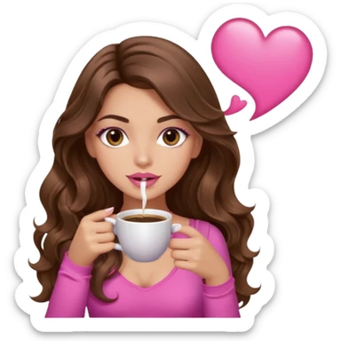 girl with long wavy brown hair, brown eyes, light to medium complexion, in a pink sexy top, pink lips, long lashes sipping coffee sticker