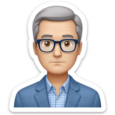 50-year-old man with square face, large dark square glasses, short straight hair combed to the side with some gray. Serious-relaxed expression with subtle age lines. Light gray jacket, white shirt with blue checkered pattern. sticker