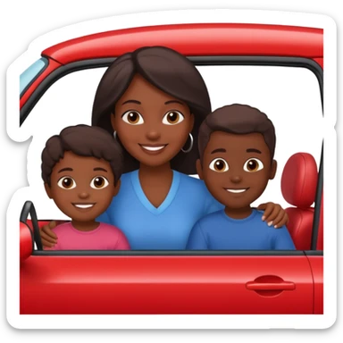 a single Dark Skin mom with two children, one young boy and a baby girl in a car red sticker