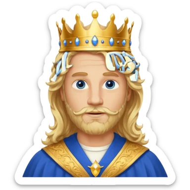 1 Middle-aged white king, 40 years old, blond hair, blond beard, long curly hair, blue eyes, kind and benevolent vibe, gentle smile, wearing a crown and blue robe emoji sticker