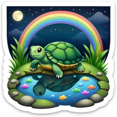 Turtle in pond with night sky dark moon and rainbow sticker