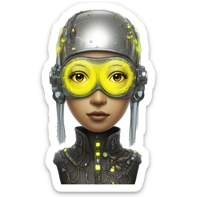 Neon yellow bobbed hair Asian female cyborg head with silver steampunk goggles and circuits sticker