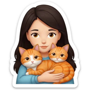 dark-black-brown-hair-to-shoulder girl with brown eyes snuggled with orange tabby cat sticker