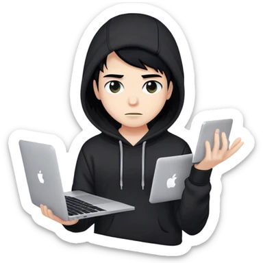 hackeur blanc cheveux noir et capuche noir avec un macbook sticker