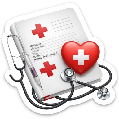An icon featuring a red cross, a stethoscope, and a syringe, symbolizing medicine. The design includes a medical book, a heartbeat monitor, and a pill, representing the study and practice of healthcare, diagnostics, and treatment. Transparent background highlights the science of healing. sticker