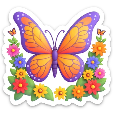 Add various colorful flowers and decorative nature motifs around the butterfly, maintaining the magical, 3D cartoon, digital fantasy art style with transparent background and all existing effects (glowing outline, sparkling accents, magical particles, elegant wings). sticker
