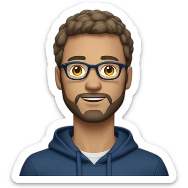 Brown short hair white man with a beard and round glasses typing on apple computer wearing a dark blue nike hoodie sticker