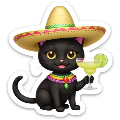 black cat wearing sombrero smiling with margarita in hand sticker