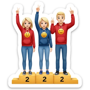 three people in jeans and hoodies on a winners podium labeled 2, 1, 3 left to right, center person on 1 step holding up one finger on each hand, bright cheerful expressive emoji illustration sticker