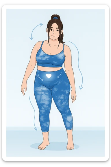 a woman stands in a relaxed pose, with a gentle, confident expression. Her body is shown with subtle, curved lines or arrows indicating areas of imbalance (such as a slight tilt in the shoulders or hips), but no signs of injury or damage. A soft glow or heart symbol at her core emphasizes resilience and the message “Non rotto, ma fuori equilibrio” The background is clean and clinical, with light blue tones. sticker