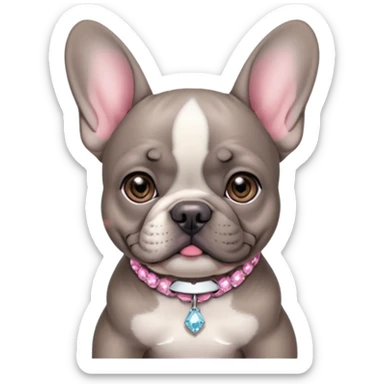 Gray French bulldog puppy, with one slightly darker color ear, with a pink and with realistic diamond collar sticker