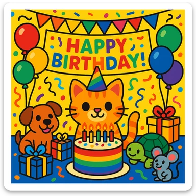 vibrant-toon style birthday party scene with a rainbow color theme including rainbow balloons, multicolored decorations, confetti, a large rainbow birthday cake, gifts, and a festive atmosphere. Main character is a ginger tabby kitten wearing a birthday hat, surrounded by a puppy, turtle, and mouse also celebrating. Prominent 'Happy Birthday!' message included in the scene. sticker
