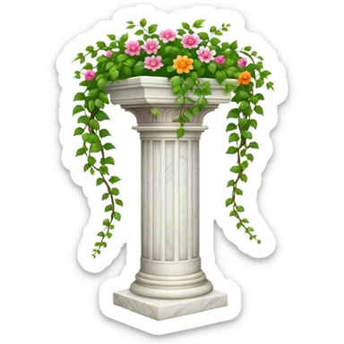 White tall marble pedestal with vines growing and gorgeous flowers beautiful romantic scenery  sticker