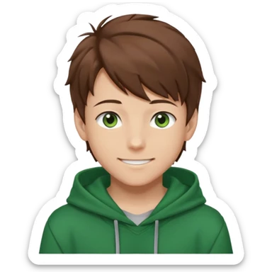 the face of an Anime teen boy with brown hair, green eyes, looking smiling slightly sideways positioned. Face must be main filling of the emoji. A little piece of hoodie can be visible. 128px sticker