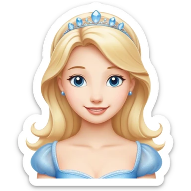 Cinematic Radiant Cinderella Portrait Emoji, rendered in a clean vector-style with bold proportions. Show Cinderella with a warm, serene smile, fair skin, and lustrous blonde hair, wearing a simple yet elegant dress that shimmers with gentle light. The image glows with an inviting, soft radiance and high shine, embodying timeless beauty. sticker