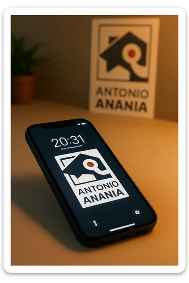 A photo of an iPhone with the message "Antonio Anania" on its screen, The phone sits atop a desk with a blurred background that suggests work environment. A faint glow from above casts gentle shadows across the surface of each object, creating depth and highlighting their textures sticker