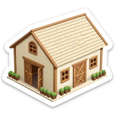 Equestrian stable exterior, isometric dollhouse-style, realistic sticker