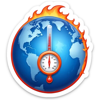 Blue Earth sphere, tilted. Prominent, oversized, fiery red thermometer/gauge, embedded. Indicator peaking 'danger' zone. Stylized orange/red heat waves/wisps rising from top half. Strong blue/red contrast sticker