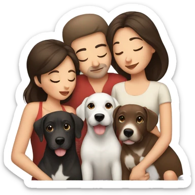 dark brown haired woman kissing bald man with 3 dogs sticker