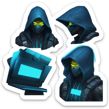 developer behind his laptop with this style : crysis Cyberpunk Riot Games Valorant neon glowing bright blue character blue black hooded assassin themed character sticker