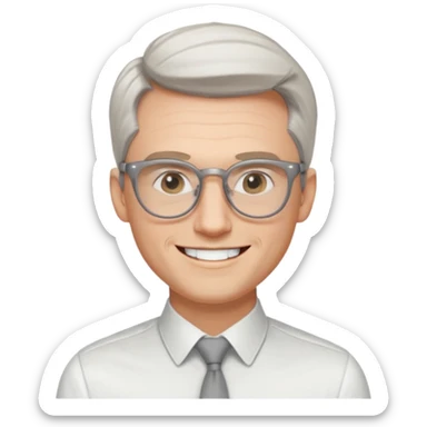 30 yr old pale white man, white/grey side swept stylish hair, round glasses, big smile, white teeth, handsome, longer hair, thin glasses, white dress shirt, smooth forehead, botox, no tie sticker