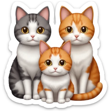 3 different coloured tiny short haired cats, including a dark grey and white cat, and a dark brown tabby and white and a ginger and white sticker
