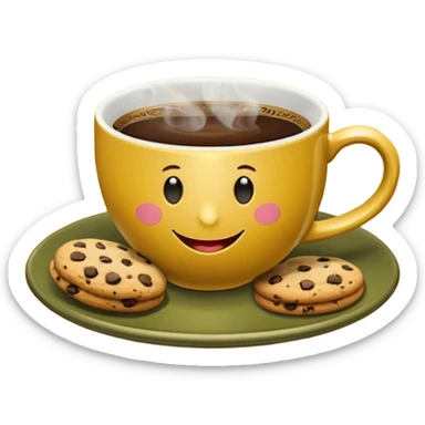 A cup of coffee, steaming, the smoke is heart-shaped, the cup is mustard yellow, the cup has a happy face printed on it, the cup sits on an olive green saucer, and there are cookies around the cup. sticker